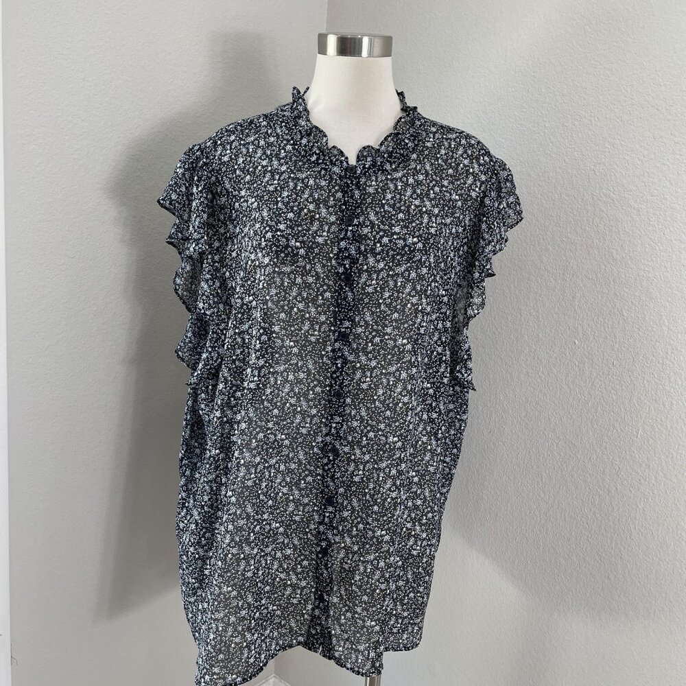 Pleione Blouse Womens 3X‎ Black Blue Floral Ruffle Sleeve Button Front Sheer Top